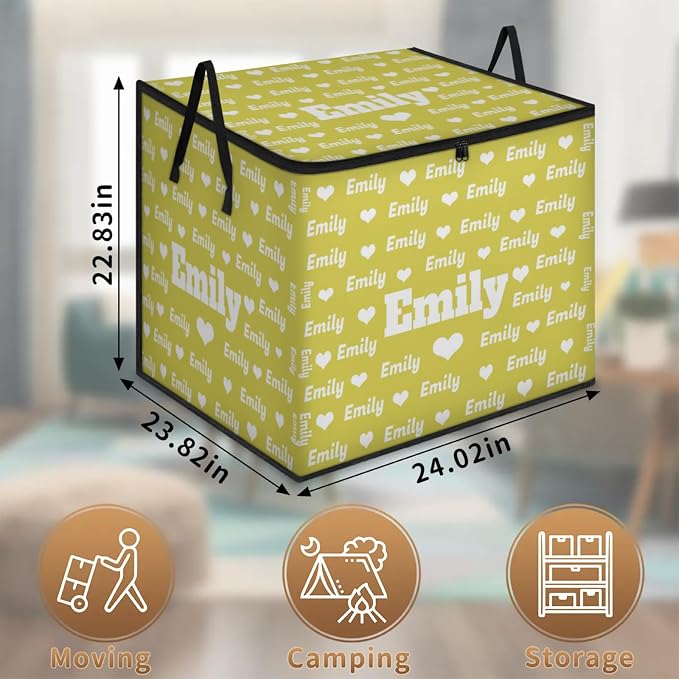 Personalized Name Foldable Storage Basket Cubes with Lid, Laundry Hamper Dirty Clothes Pet Toys Storage Bin with Handles for Shelf Home Closet Kitchen, Lime Yellow Background with Love Hearts