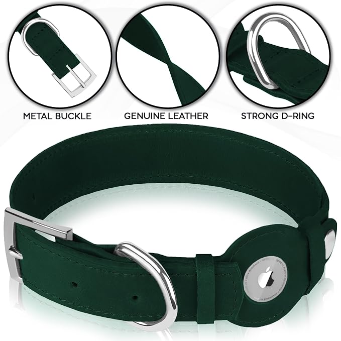 Leather Dog Collar with Airtag Holder - Apple Air Tag Dog Collars - Soft Tracking GPS Pet Collar for Small Medium Large Dogs Breed Puppy (Green, L, 15"-19" Neck Fit)