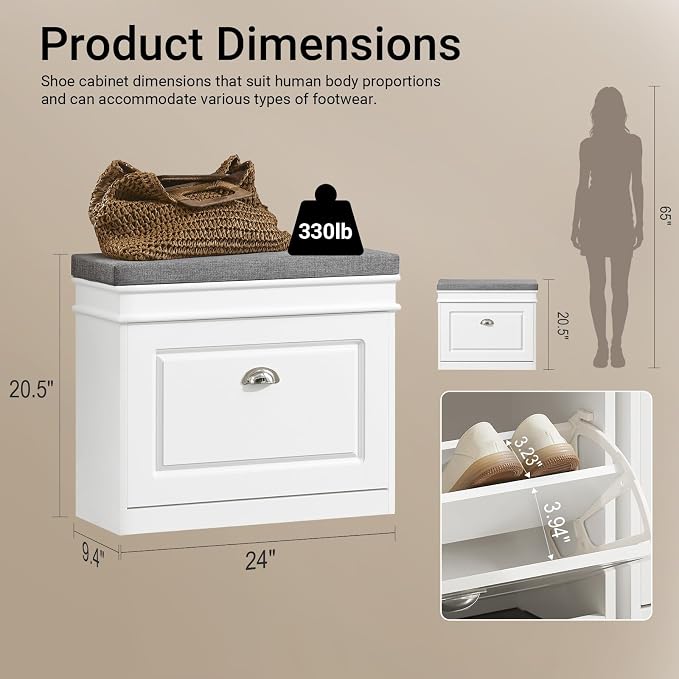 Haotian Small Shoe Cabinet for Entryway | Shoe Storage Bench with 1 Flip-Drawer and Seat Cushion, White, FSR82-K-W