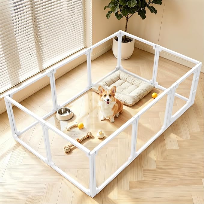 FlexiSpace Adjustable Clear Dog Play Pen, Expandable & Stackable Acrylic Dog Playpen, ONLY Dog Play Pen Indoors Grow with Your Pet Puppy Playpen (White, 24", 10 Panels)