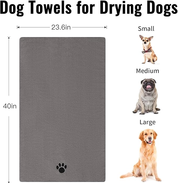 Puomue 2 Pack Microfiber Dog Towels for Drying Dogs, Super Absorbent and Soft Pet Towels for Dogs or Cats, 40''X23.6'', Pet-Friendly, Perfect for Pets of Different Sizes and Fur Types, Grey