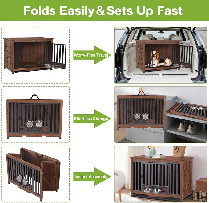 GUTINNEEN Dog Crate Furniture with Bowl for Travel Foldable Dog Crate with Chew-Proof Design Pull-Out Tray Carrying Puppy Cage (Brown)