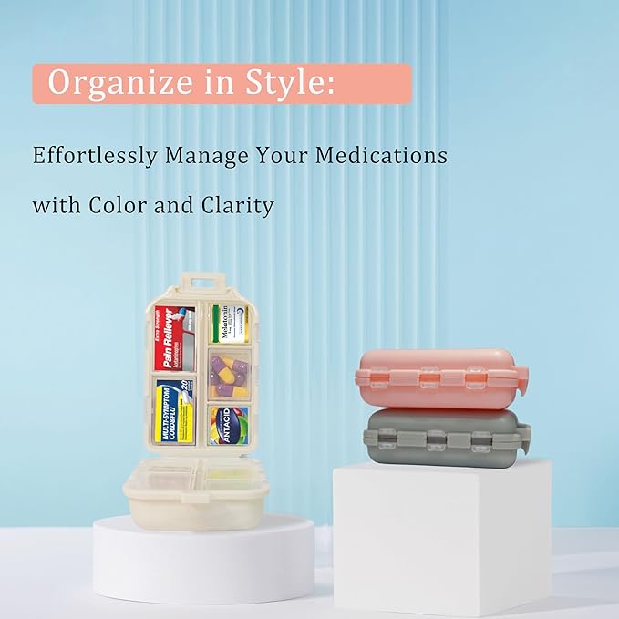 Large Pill Organizer with 146 Medicine Labels, Beige Travel Pill Case | Large 10-compartment pill case with 146 labels for vitamins, supplements, daily meds, 7-day planning, work, travel, and home