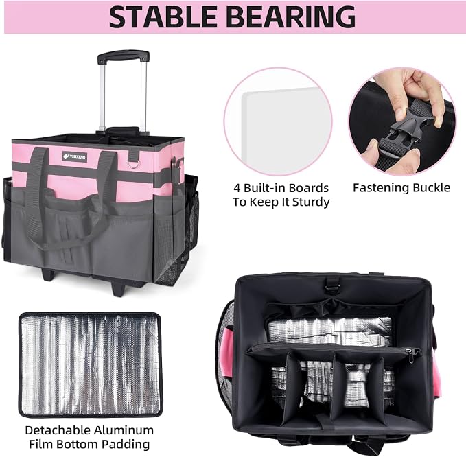 Large Rolling Cleaning Caddy Bag with Wheels, with Detachable Trolley, Cleaning Bags on Wheels for Housekeepers, Cleaning Cart Supplies Organizer for Home, Car, Picnic (Pink)