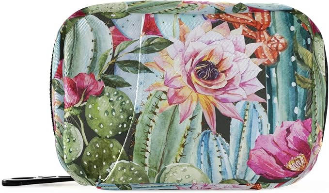 Watercolor Cactus Flower Pill Box 7 Day Pill Case Travel Pill Organizer Bag with Zipper Portable Weekly Case Compact Size for Vitamin Supplement Holder