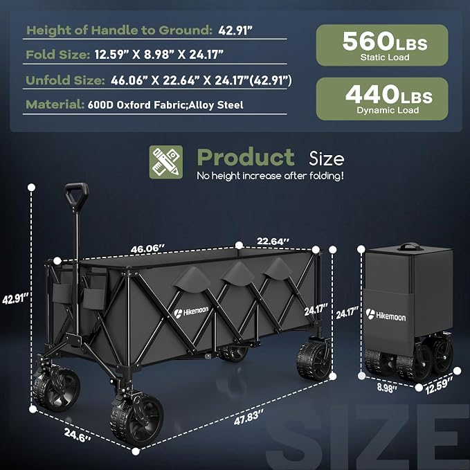 48'' Extra Large Collapsible Wagon with Big Wheels, 300L Grey | 560LBS Heavy Duty, Wagons Carts Foldable, All-Terrain, Brakes, Folding Cart, Utility for Beach/Camping/Garden/Sports/Grocery
