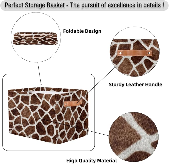 SEULIFE Animal Giraffe Print Pattern Foldable Storage Basket, Large Collapsible Organizer Storage Bin Cube Toys Storage Boxes with Handles for Bathroom Kids Nursery Closet Storage, 1 Pack