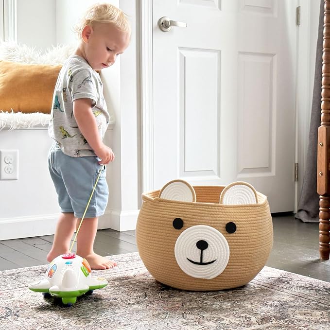 CherryNow Large Baby Basket for Gifts Empty, Cute Bear Design, Brown | 15.7" x 10.5" Baby Shower Basket for Kids Boys Newborn Storage, Woven Rope Toy Basket, Fits Living Room Nursery Décor