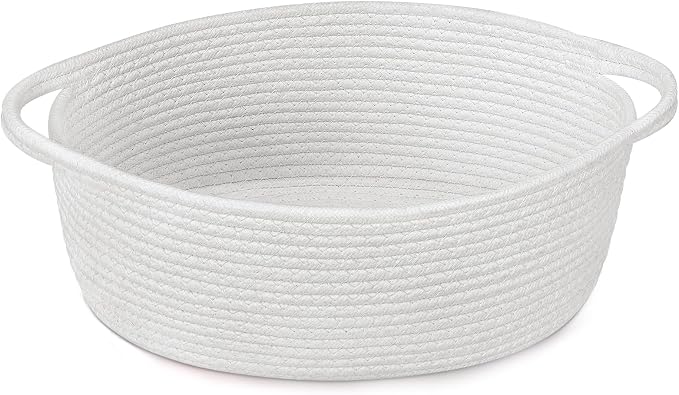 Goodpick Small Woven Rope Gift Basket Empty, 12"x 8"x 5" Boo Basket, White | Baby Basket for Baby Showers Toys, Fits Living Room Nursery Bedroom Organization, Dog Toy Storage, with Durable Handles