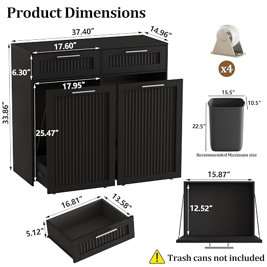 2 X 13 Gallons Pull Out Trash Can Cabinet, Double Trash Cabinet, Black | Fluted Kitchen Trash Cabinet with Drawers, Freestanding Hidden Garbage Pet Proof Trash Can Holder for Laundry, Living Room