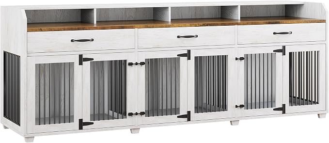 LUXOAK 95" Large Dog Crate Furniture with Storage 3-Room Indoor Dog Kennel | Dog Cage for Large/Medium Dogs, TV Stand & Sideboard with Drawers & Removable Divider, White+Barnwood