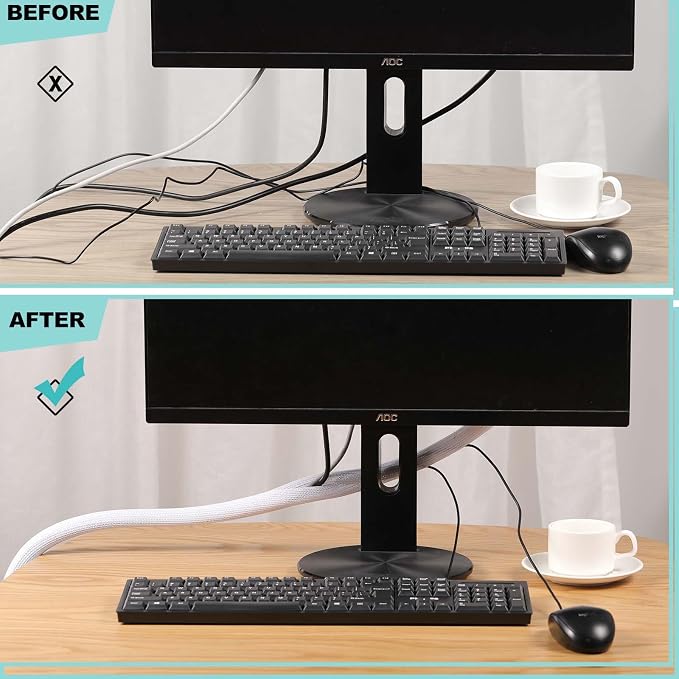 AGPTEK Cable Sleeve, 10ft - 1 inch Cable Management Cord Hider, White | Desk Cord Cover Organizer Wire Hider for Office Computer TV Wire Loom Tubing Pet-Proof Cord Protector from Cat Dog Chewing