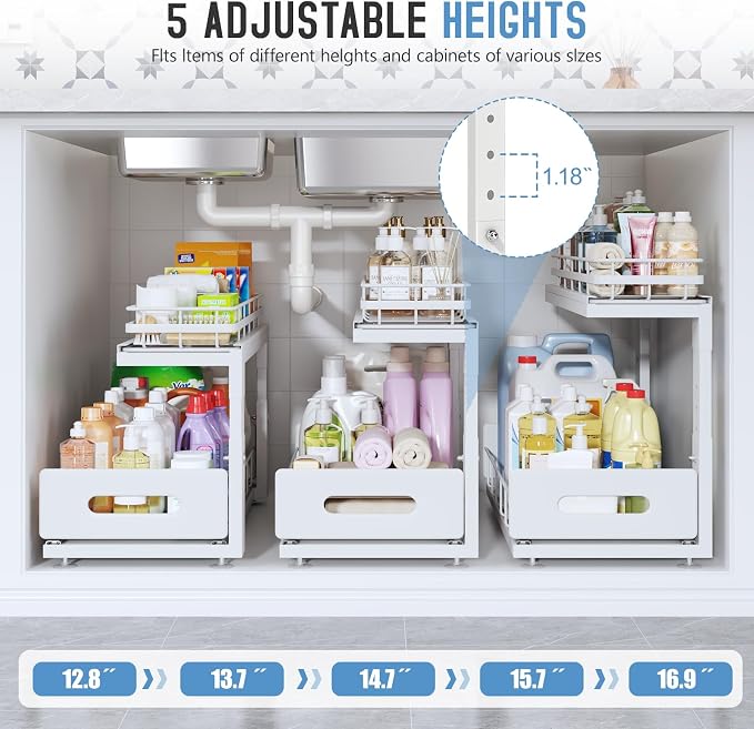 Under Sink Organizer Upgrade To Professional Rails,2-Tier Dual Pull Out Cabinet Storage,Height Adjustable Slide Out Drawers For Bathroom Kitchen,2 Pack-18.5"Dx12.8"-16.9"H,White