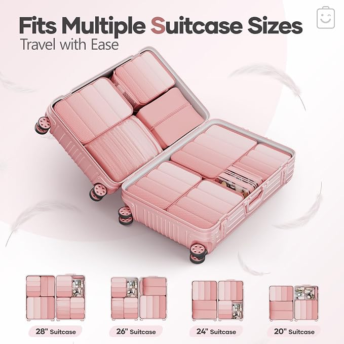 Veken 11 Set Compression Packing Cubes Garment Bags for Travel Essentials,Compressible Expandable Luggage Organizer Bags for Clothing,Space Saver Bags with Over 1000 pcs of Mesh Holes(Pink)
