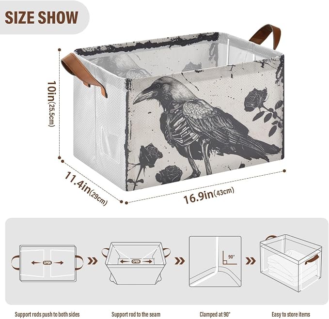 Gothic Skeleton Crow Roses Storage Bins for Shelves with Labels&Handles Fabric Organizer Bin Foldable Rectangle Storage Basket Boxes for Closet, Bathroom, Home, Living Room