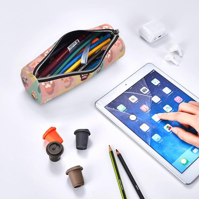 OSAM SPACE Leather Pencil Case Round Pencil Bag Cute Pet Paw Pen Organizer Holder Portable Zipper Pouch Cute School Supplies for Girls Boys Study Office