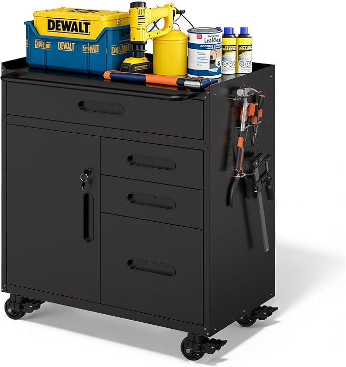 Metal Storage Cabinet for Garage, Tool Cabinet, Utility Cabinet | Wheeled, Rolling Tool Cabinet, 4 Drawers, 1 Doors Lockable, Top Countertop, Pegboard, Assembly Required, Black