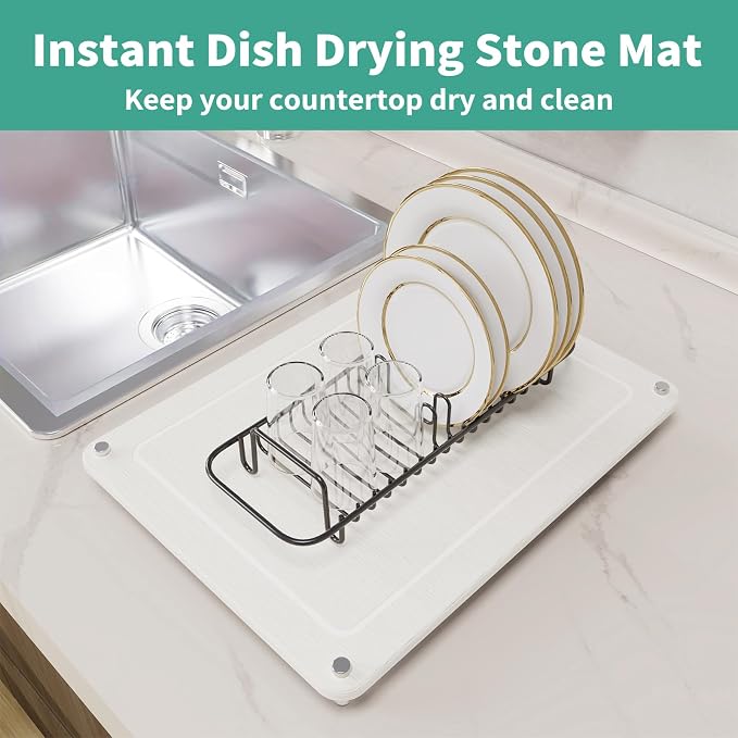 Dish Drying Stone, Water Absorbing Stone Dish Drying Mats for Kitchen Counter, Non-Slip Stone Drying Sink Tray Pad for Dish Bottles Cups, Diatomaceous Earth Sink Caddy Organizer, White