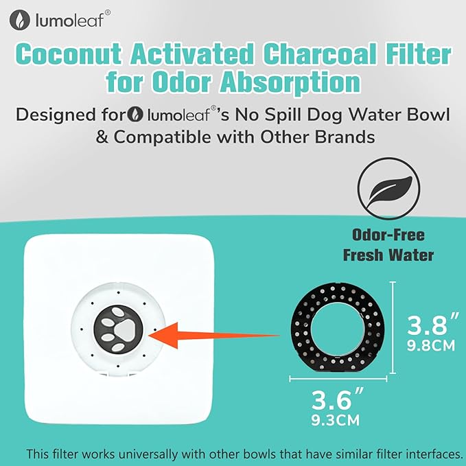 LumoLeaf Replacement Filters for 70oz/2L & 135oz/4L No Spill Dog Water Bowl – Coconut Activated Charcoal Filters, Pack of 4