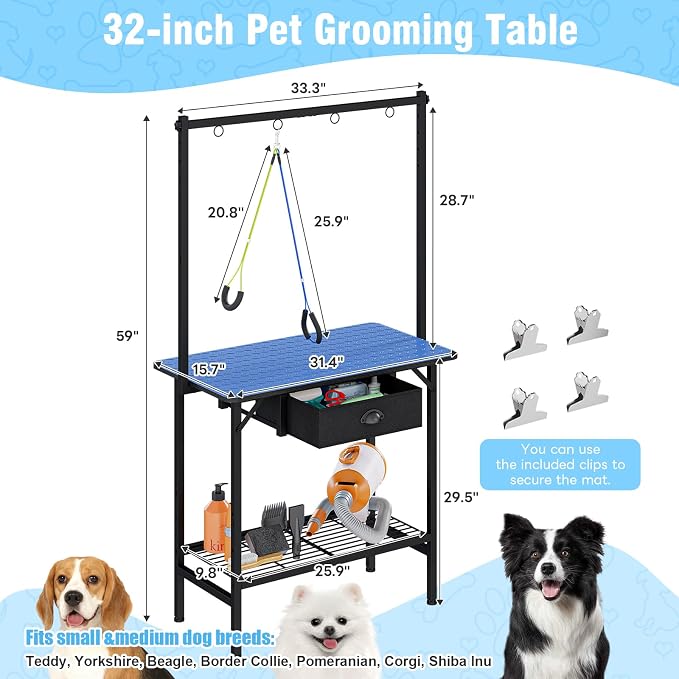 32-Inch Dog Grooming Table with Drawer & Mesh Tray,Adjustable Pet Grooming Table with Non-Slip Removable Washable Mat & EVA Protective Lanyard, Professional Grooming Table for Small Dog at Home（Blue）