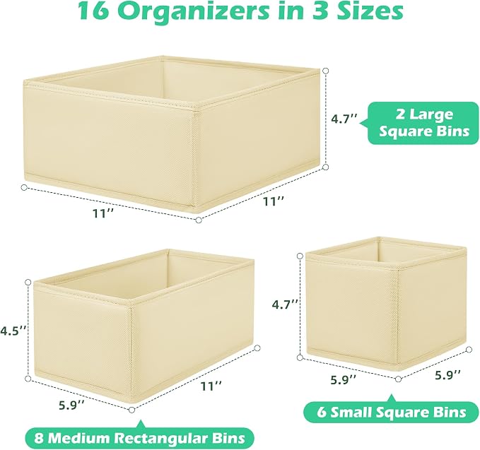 Drawer Clothing Organizer 16-Pack,Beige Underwear Dividers | Multiple sizes Fabric Folding Wardrobe Organizer,Storage Bins Store Baby Clothes, Bras, Underwear,Panties,Belts,Socks,Ties