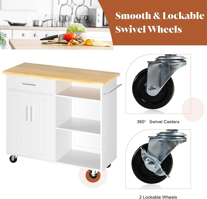 JY QAQA 42" Kitchen Island on Wheels with Storage Cabinet Kitchen Cart Cabinet with Shelves, Cart Handle for Towel Rack or Free Mobility, Portable Islands for Kitchen