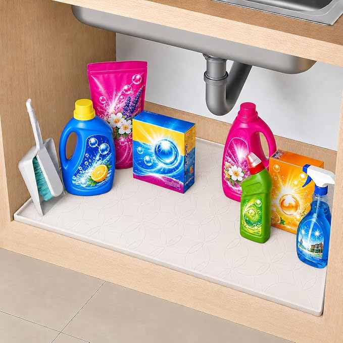 34"x22" Waterproof Silicone Under Sink Mat Drip Tray(Cream Brown) | Non-Slip Silicone Sink Liner & Drip Tray with Raised Edges, Versatile Floor & Cabinet Protector for Pets & Utility Area