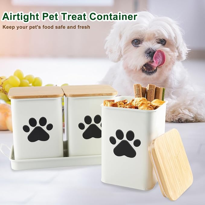 Set of 3 Metal Dog Treat Jars,60oz Airtight Dog Treat Container with Bamboo Lids,Cat Treat Canister,Puppy Cookie Container for Kitchen Counter,Coated Galvanized Steel-White