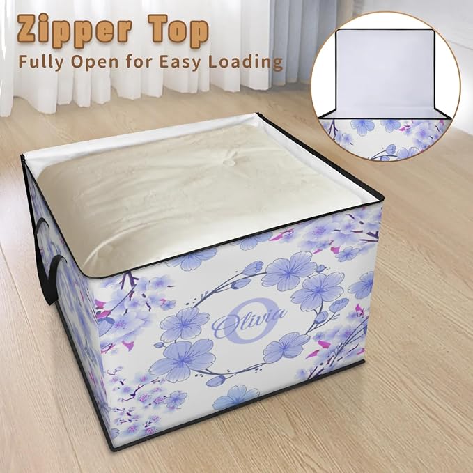 Custom Name Storage Bin with Lid, Personalized Extra Large Watercolor Blue Cherry Blossom Storage Basket with Handles Zippers for Comforters, Blankets, Bedding Closet Shelf Baskets, Initial Letter