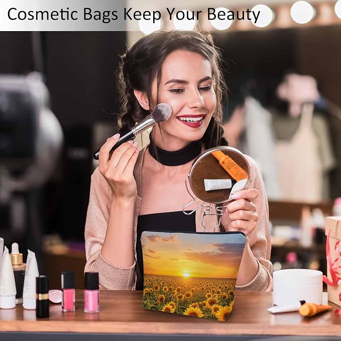 Sunflower Makeup Bags Makeup Organizer, Sunset Bloom Sunflowers Yellow Flax Toiletry Bags Travel Cosmetic Bag Makeup Purse Pouch Skincare Bag Wallet Bags For Women Female Mom Daughter