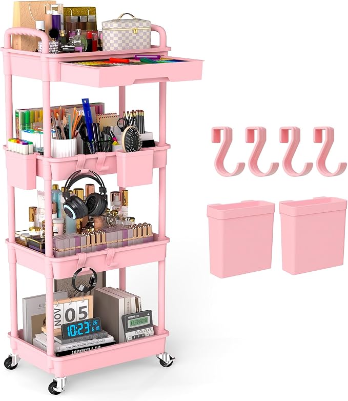 4 Tier Rolling Utility Cart with Drawer, Plastic Storage Organizer Rolling Carts with Wheels Handles Hanging Cups Hooks for Office, Bathroom, Kitchen,Craft Art Room (Pink)