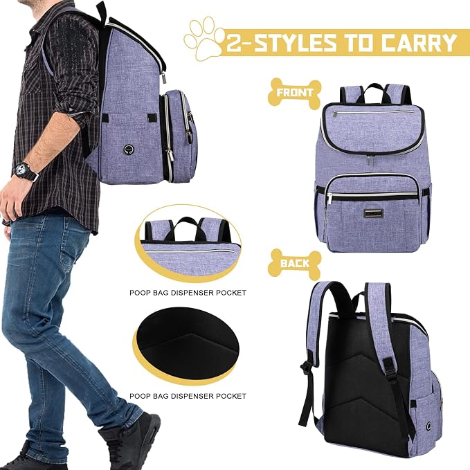 BAGLHER Travel Dog Backpack - Detachable Travel Dog Food Container for Pet Supplies Dog Gear Backpack,Dog Bag for Traveling with 2 Silicone Collapsible Bowls and 2 Food Baskets Purple