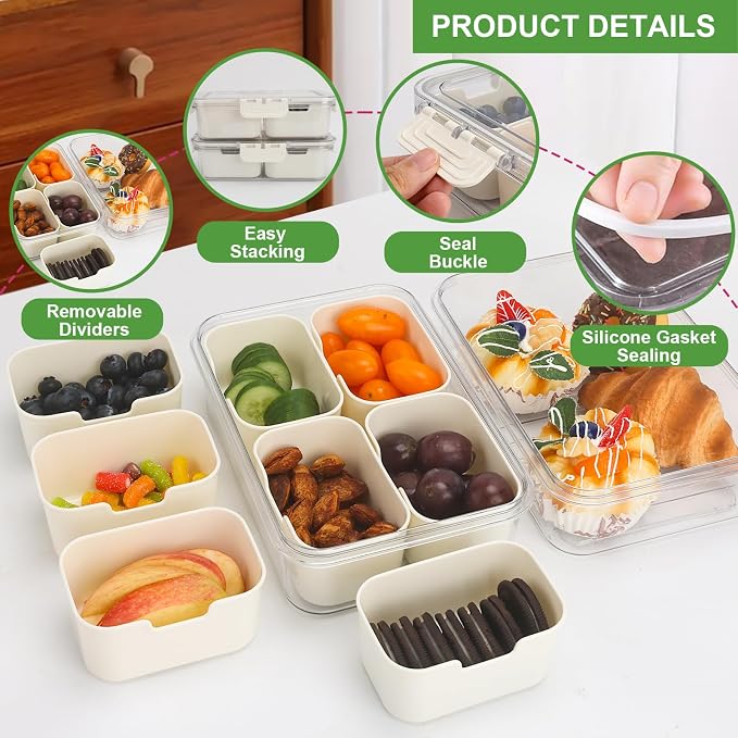 4 Compartment Snackle Box Containers with Lids, 2 Pcs Divided Serving Tray | Portable Snack Platter Fruit Veggie Tray Snackele Box Container for Charcuterie, Party, Snack, Nuts, Beach, Travel, Picnic
