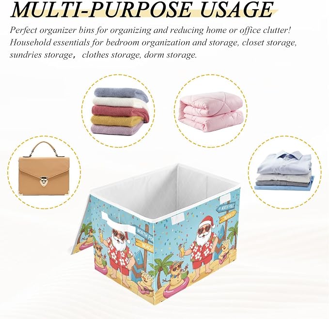 Fabric Storage Bins with Lid Tropical Santa Beach Closet Storage Basket 40L | Foldable & Stackable, Flip Top Dust Guard, Reinforced Handles, Home & Bedroom, Clothes & Toys, Oxford Print Basket