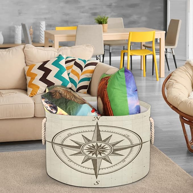 Large Storage Baskets - Vintage Nautical Compass Nursery Organizer Bin Box with Handles Collapsible Round Laundry Hamper for Kids Toys Pet Blanket, Bedroom Living Room Home Decor Gift Basket