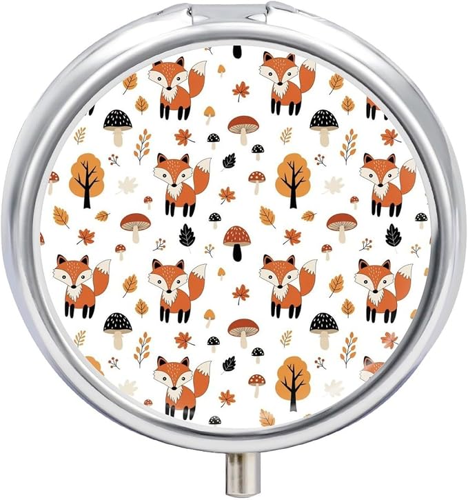 Pocket Pill Case, Cute Fox Fall Mushrooms Compact Round Holder, Travel Organizer for Supplements, Waterproof Pill Box Purse Use for Professionals