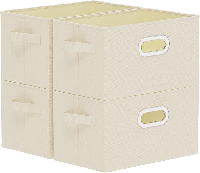 Collapsible Open Storage Baskets,15x9.8x9.8in,Beige,4 Pack | Storage Bins with Metal Handles,Rigid PP Panel Organizer Boxes for Organizing Home,Wipeable Garment Basket Cube for Wardrobe