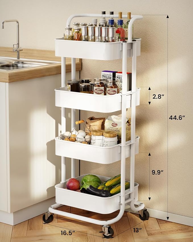 Pipishell Metal 4 Tier Rolling Cart with Handle & 2 Lockable Wheels, White | Four Large 2" Wheels for Easier Movement, Sturdy Metal, Hold 22 lbs per Shelf, Ventilated Mesh Design, for Office and Kitchen
