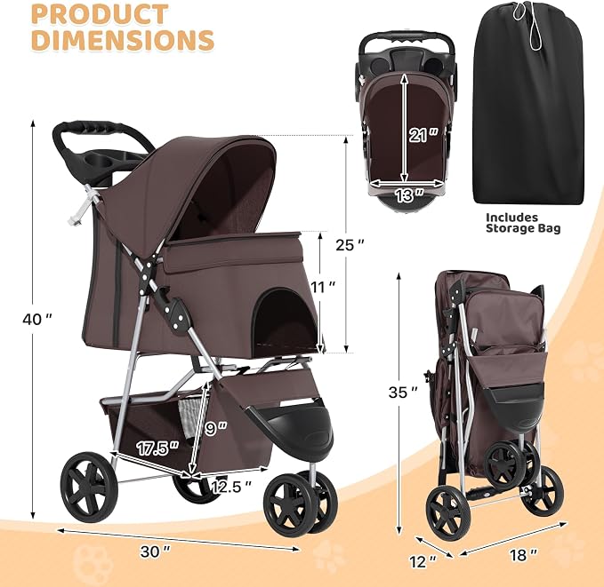 Magshion 3-Wheel Pet Stroller for Small/Medium Dogs & Cats, Up to 33lbs | Foldable Travel Jogger w/ Breathable Mesh Cover, Lightweight Design, Safety Tethers, Cup Holder & Storage Basket