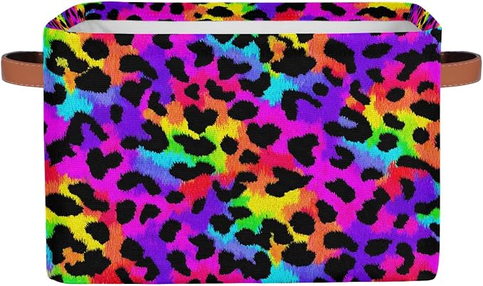 Pardick Colorful Leopard Print Basket Storage Bins Large Fabric Toys Storage Cube Box with Handles Collapsible Closet Shelf Cloth Organizer Basket for Nursery Bedroom Bathroom Holiday Gift
