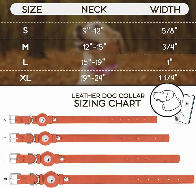 Leather Dog Collar with Airtag Holder - Apple Air Tag Dog Collars - Soft Tracking GPS Pet Collar for Small Medium Large Dogs Breed Puppy (Tawny, L, 15"-19" Neck Fit)