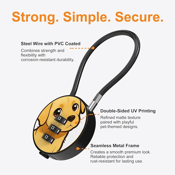 Small Combination Lock for Luggage, Gym Locker, Backpack Bag Zipper, Mini Combo Lock with Code, 5.12 Inch Steel Cable Padlock for Travel Suitcase (4-Dog, Cool)