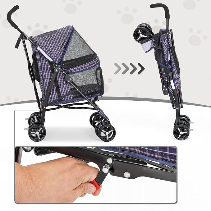 MoNiBloom Pet Stroller for Small/Medium Dogs and Cats up to 22 lbs, Plaid | Foladble 4 Wheels Easy-Fold Puppy Cage Jogger Stroller with Sun Cover, Pad and Rear Storage Bag, Breathable and Visible Mesh