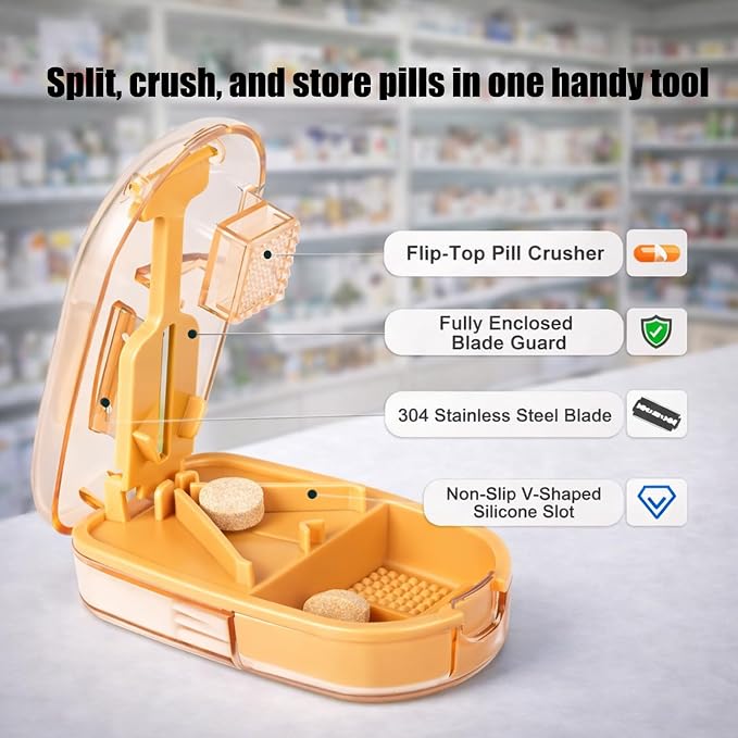 Pill Cutter and Crusher, Tablet Splitter with Pill Storage,Orange
