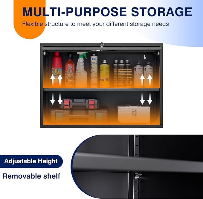 Metal Garage Wall Cabinet with Doors and Shelves, Wall Mounted Metal Storage Cabinet, Floating Garage Tool Cabinet for Garage, Basement, Kitchen, Warehouse (Black, 21.6" H)
