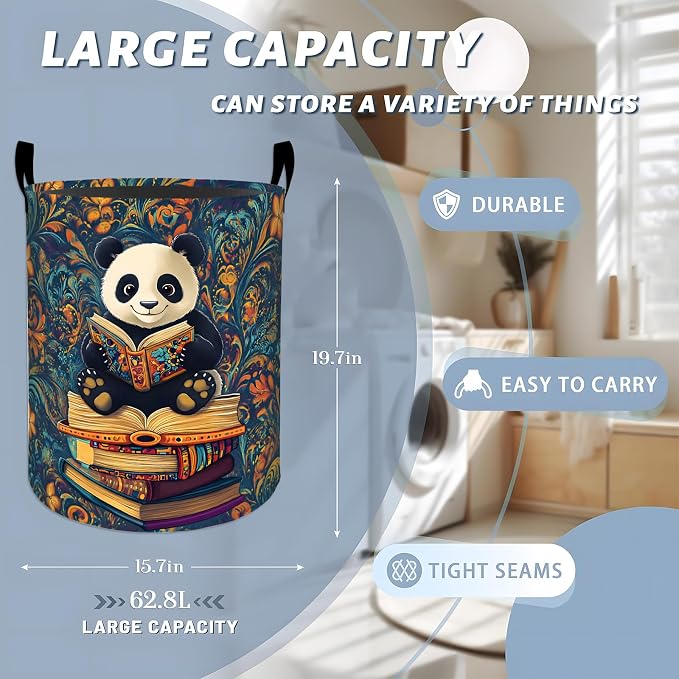 Panda Book Laundry Basket, Reading Animal Bookshelf Storage Hamper, Round Collapsible Waterproof Cloth Bin, 19.7x15.7 Inch Bookish Clothes Organizer Gifts for Bathroom Decor