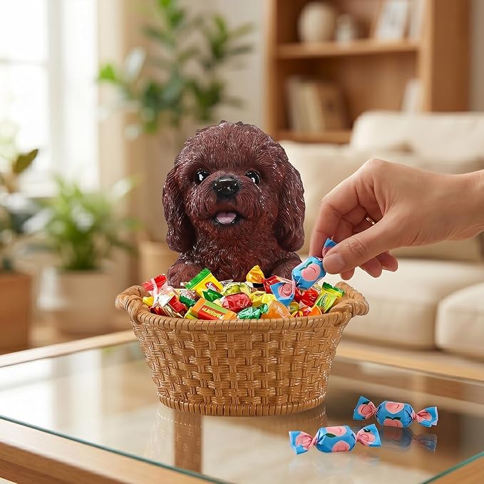 Red Brown Poodle Candy Bowl, Resin Dog Figurine Key Bowl for Entryway Table, Desktop Storage Basket Organizer for Desk, Unique Dog Lover Gift