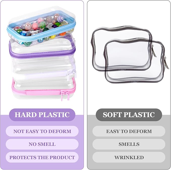 4 Pcs Clear Hard Shell Zipper Case, Hard Sided Pencil Case Clear Zipper Toys Puzzles Organizer, Travel Plastic Pouch for Makeup Storage Box, Building Blocks Bins