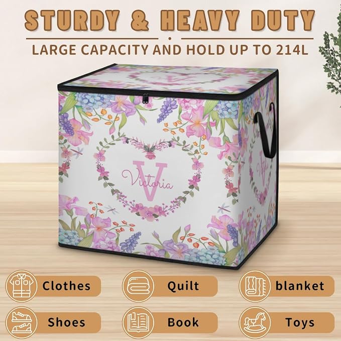Personalized Large Storage Basket with Lid, Canvas Storage Bins Quilt Clothes Organizer for Bedroom, Kitchen, Bathroom, Nursery, Shelves, Closets, Colorful Blue Pink Spring Florals