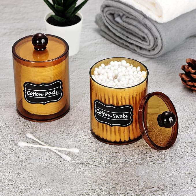 SheeChung 4 Pack Qtip Holder, Amber Acrylic Apothecary Jars for Bathroom | (2) 15oz & (2) 12oz Qtip Holder Set - Shatterproof Bathroom Vanity Organizer for Cotton Swabs,Balls,Pads -Farmhouse Decor